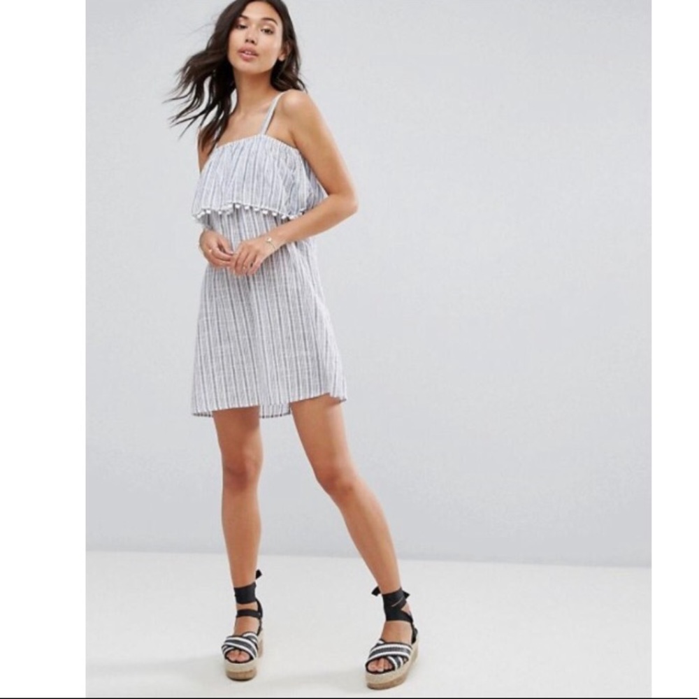 🥳Host Pick🥳 White & Blue stripe Pom trim dress